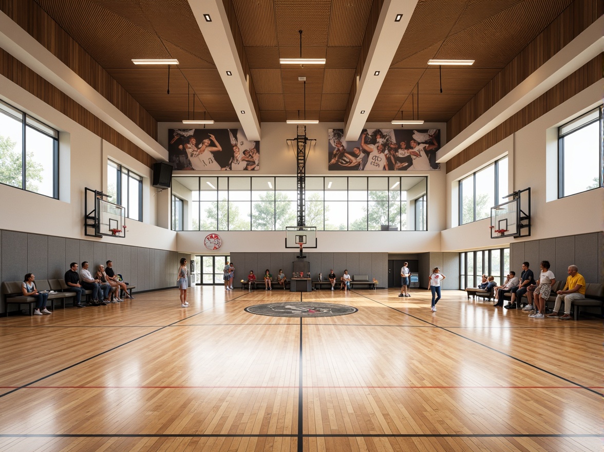 Prompt: Modern gymnasium interior, wooden flooring, sound-absorbing panels, acoustic ceiling tiles, reverberation reduction systems, echo-minimizing design, natural ventilation, large windows, abundant daylight, athletic equipment, basketball hoops, volleyball nets, spectator seating, scoreboards, electronic displays, warm color scheme, soft indirect lighting, shallow depth of field, 1/2 composition, realistic textures, ambient occlusion.