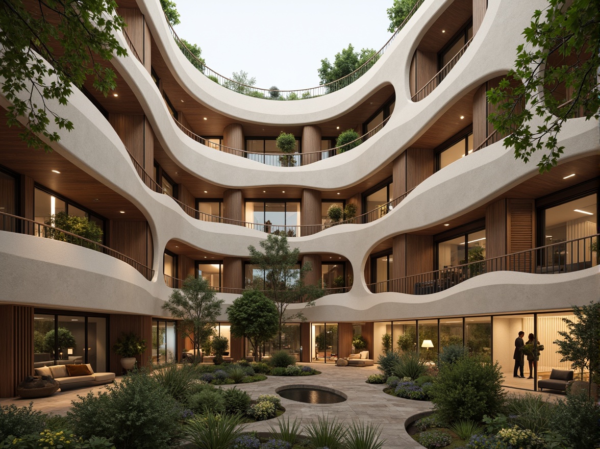 Prompt: Curved apartment building, wavy balconies, rounded windows, soft earthy tones, natural stone fa\u00e7ade, wooden accents, lush green roofs, hanging plants, cozy interior spaces, organic shapes, blob-like structures, futuristic architecture, minimalist decor, warm ambient lighting, shallow depth of field, 1/1 composition, realistic textures, ambient occlusion.