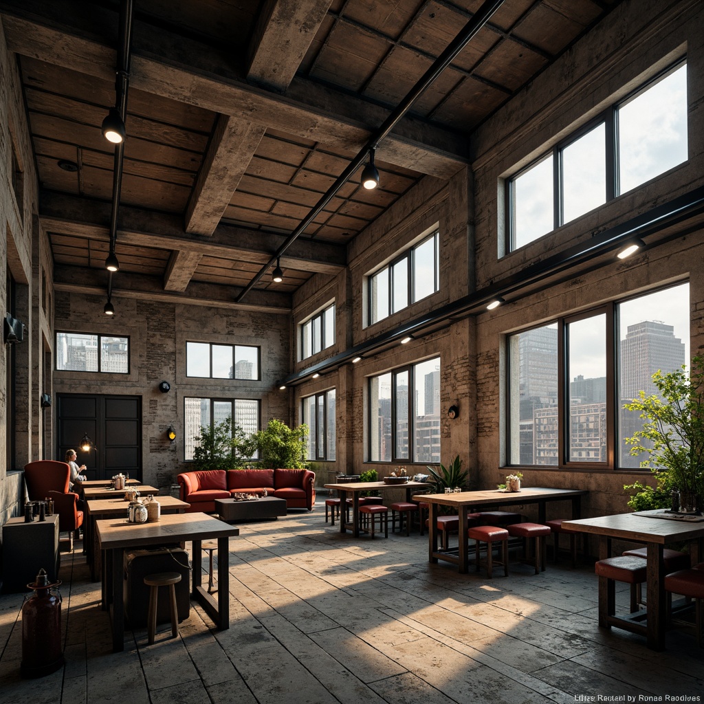 Prompt: Industrial factory setting, exposed brick walls, metal beams, worn wooden floors, distressed concrete textures, vintage machinery, rusty pipes, urban cityscape, cloudy grey skies, warm golden lighting, shallow depth of field, 1/2 composition, realistic materials, ambient occlusion, muted color palette, earthy tones, weathered steel blues, faded reds, industrial greens, creamy whites, rich browns.