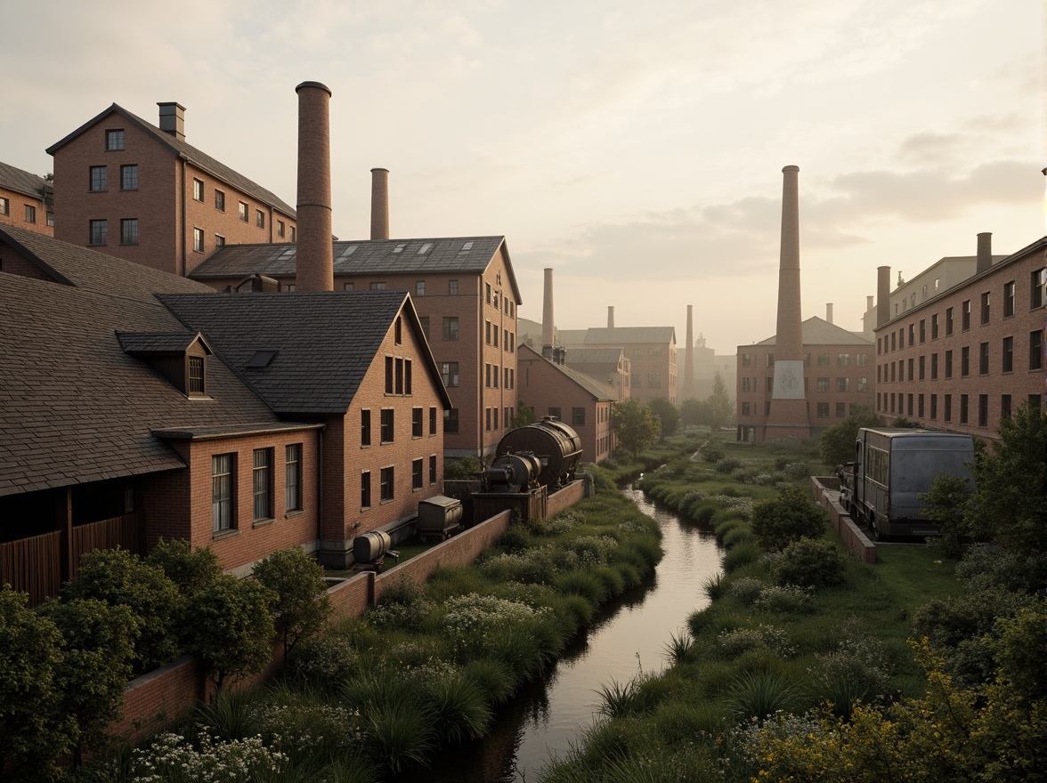 Prompt: Industrial factory complex, rustic brick buildings, corrugated metal roofs, worn concrete walls, vintage machinery, abandoned chimneys, overgrown vegetation, wildflowers, meandering streams, misty atmosphere, soft warm lighting, shallow depth of field, 3/4 composition, panoramic view, realistic textures, ambient occlusion, regionalist architectural style, functional simplicity, earthy color palette, distressed finishes, reclaimed wood accents, metal cladding, industrial heritage, nostalgic ambiance.