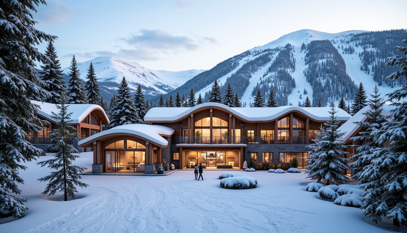 Prompt: Snow-capped mountains, frosty pine trees, icy slopes, ski lifts, curvaceous roofs, undulating walls, sinuous lines, dynamic shapes, modern ski center architecture, wooden accents, stone foundations, large windows, sliding glass doors, warm cozy interiors, rustic decor, crackling fireplaces, soft warm lighting, shallow depth of field, 1/1 composition, panoramic view, realistic textures, ambient occlusion.