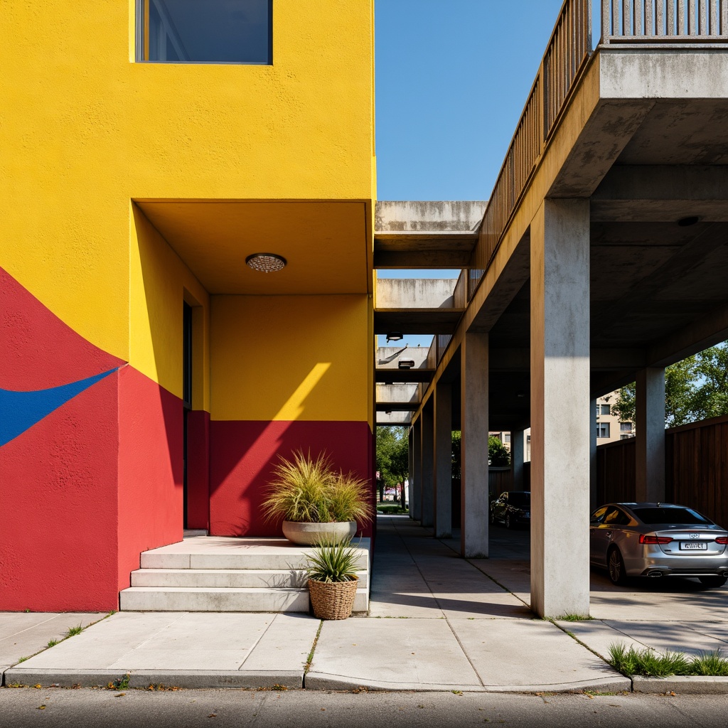 Prompt: Primary colors, geometric shapes, clean lines, minimalist aesthetic, industrial materials, steel beams, concrete walls, functional simplicity, rectangular forms, circular motifs, triangular compositions, bold typography, sans-serif fonts, urban landscape, modern cityscape, sunny day, high contrast lighting, deep shadows, 1/1 composition, symmetrical balance, abstract patterns, decorative textiles, woven fabrics, leather accents, metallic surfaces, brutalist architecture, functional design, innovative materials.