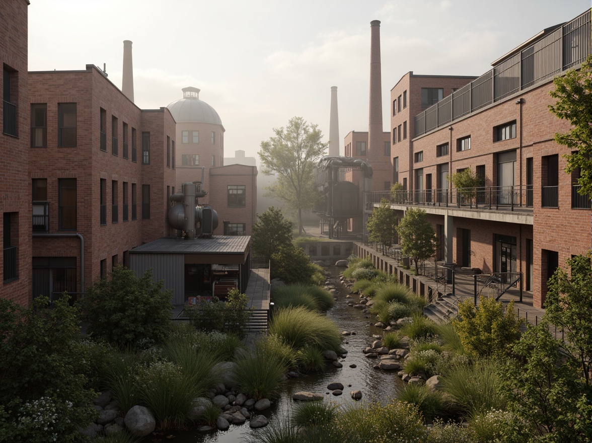 Prompt: Industrial factory complex, rustic brick buildings, corrugated metal roofs, worn concrete walls, vintage machinery, abandoned chimneys, overgrown vegetation, wildflowers, meandering streams, misty atmosphere, soft warm lighting, shallow depth of field, 3/4 composition, panoramic view, realistic textures, ambient occlusion, regionalism-inspired architecture, modern industrial design, functional spaces, exposed ductwork, metal catwalks, reclaimed wood accents, earthy color palette, natural stone pathways, weathered steel bridges.