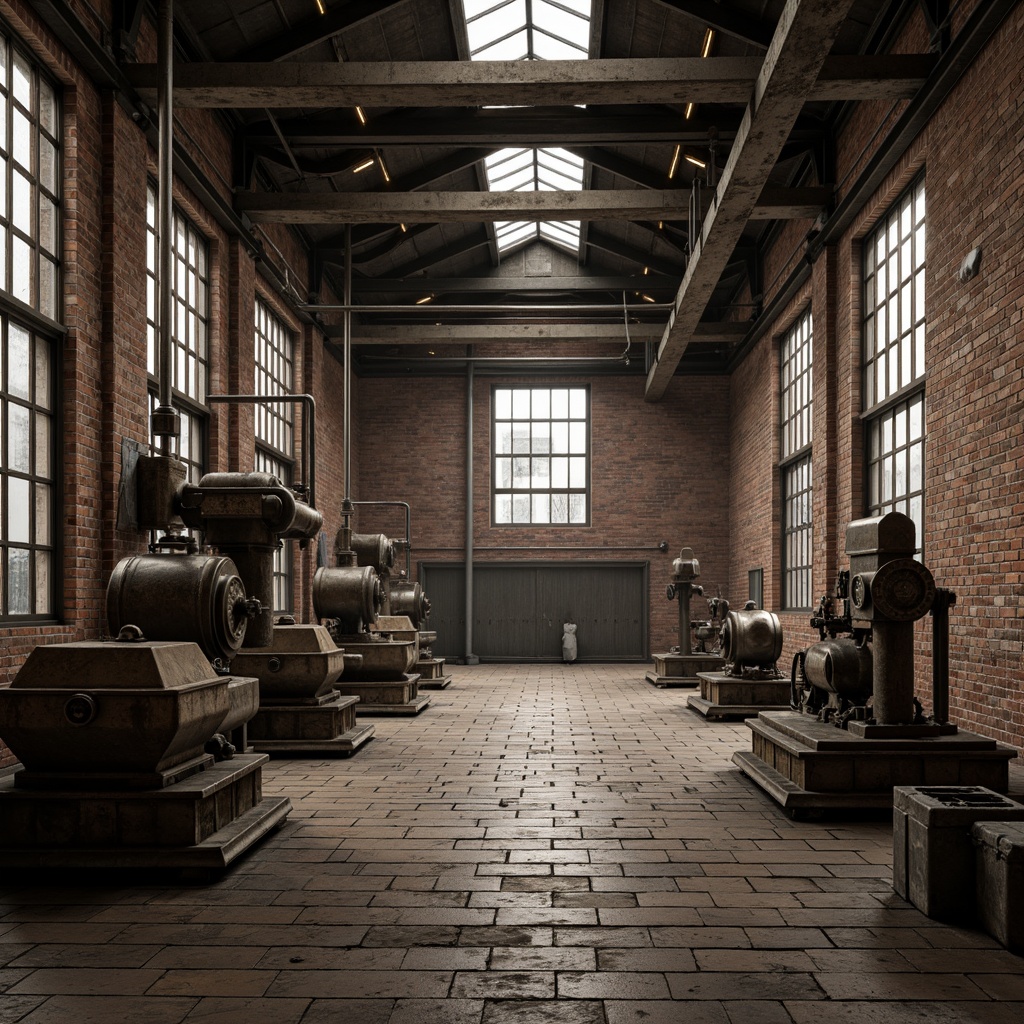 Prompt: Industrial factory setting, exposed brick walls, metal beams, worn wooden floors, vintage machinery, distressed textures, earthy tones, muted colors, rusty reds, weathered blues, faded yellows, industrial greys, urban atmosphere, gritty realism, high contrast lighting, dramatic shadows, cinematic composition, 1/2 camera angle, realistic renderings, ambient occlusion.