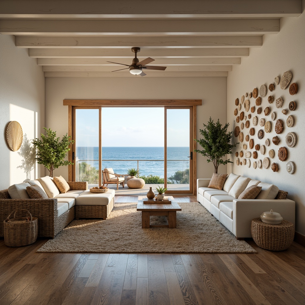 Prompt: Coastal living room, ocean-inspired color palette, driftwood accents, natural textiles, woven sea grass furniture, coral-patterned rugs, shell-adorned decorative walls, floor-to-ceiling windows, sliding glass doors, panoramic ocean views, soft warm lighting, beachy ambiance, minimalist decor, nautical-themed accessories, distressed wood flooring, plush sectional sofas, built-in shelving units, tropical plants, calming atmosphere, 1/1 composition, realistic reflections, ambient occlusion.