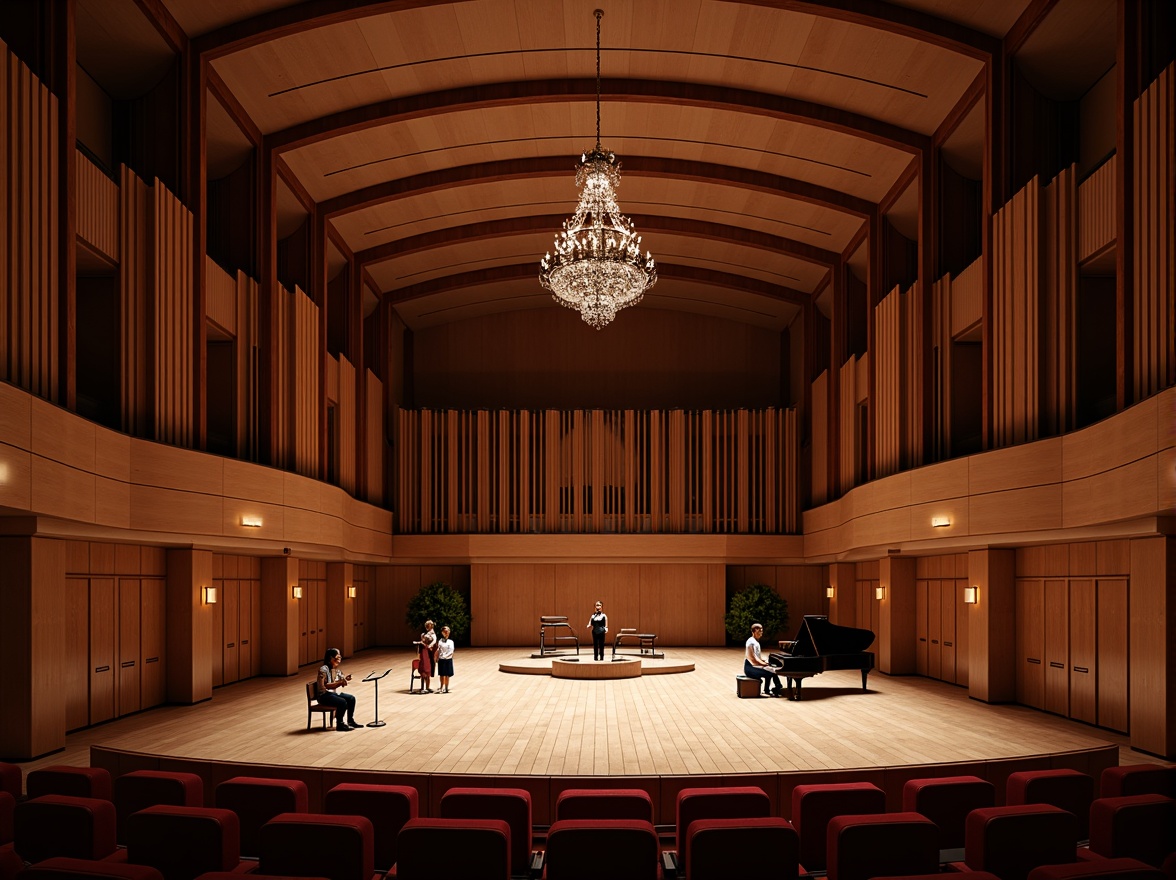 Prompt: Intimate concert hall, wooden acoustic panels, sound-absorbing materials, curved lines, minimalist decor, warm ambient lighting, shallow stage, grand piano, professional audio equipment, high ceilings, ornate chandeliers, plush red seats, velvet curtains, dramatic spotlights, 1/1 composition, soft focus, realistic textures, subtle reflections.