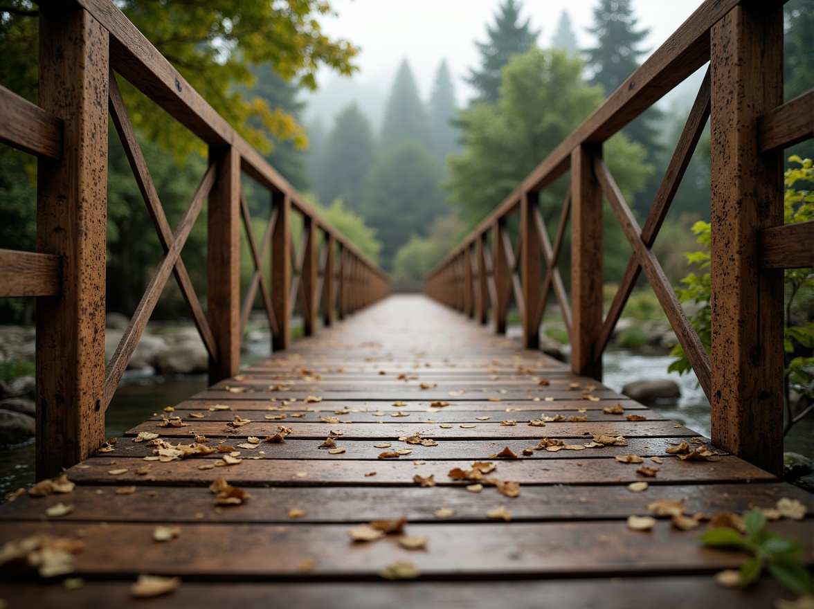 Prompt: Rustic bridge structure, cork material accents, earthy tones, natural textures, wooden planks, steel cables, suspension design, gentle river flow, serene forest surroundings, misty morning atmosphere, soft warm lighting, shallow depth of field, 1/2 composition, realistic wood grain, ambient occlusion.