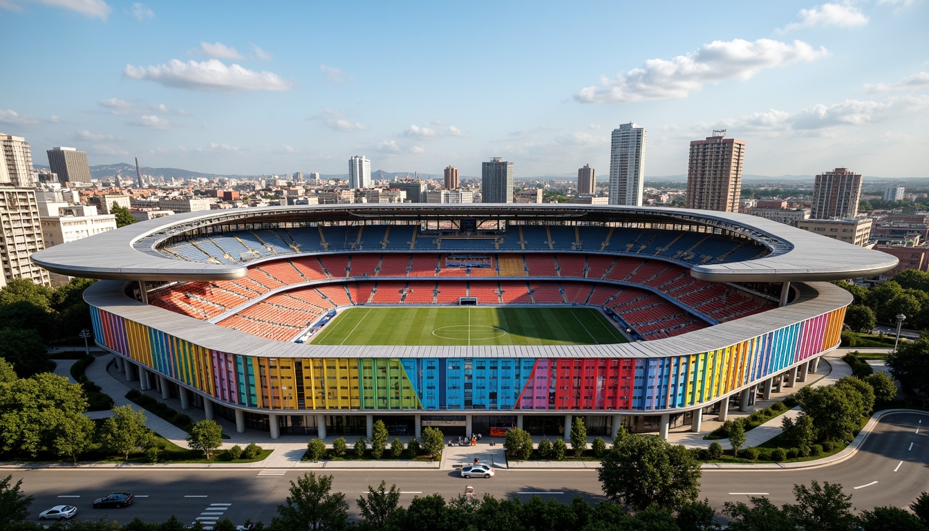 Prompt: Vibrant soccer stadium, social housing facade, bold color scheme, dynamic curves, angular lines, modern architecture, cantilevered roofs, large windows, metal cladding, concrete structures, urban landscape, city skyline, sunny day, dramatic lighting, shallow depth of field, 3/4 composition, panoramic view, realistic textures, ambient occlusion.