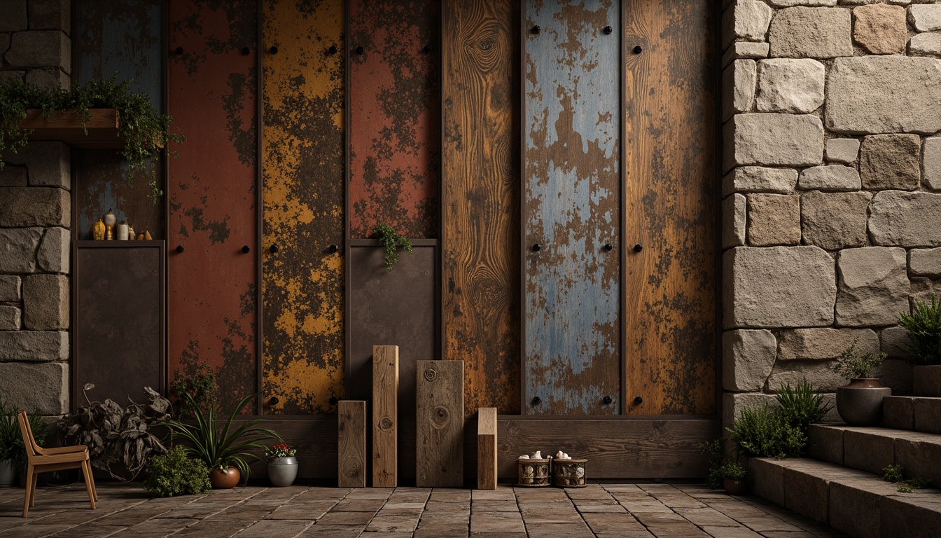 Prompt: Rustic wooden planks, distressed metal panels, rough-hewn stone walls, earthy tone color palette, natural material textures, organic shapes, irregular forms, abstract patterns, moody atmospheric lighting, warm golden hour, shallow depth of field, 1/2 composition, realistic renderings, ambient occlusion.