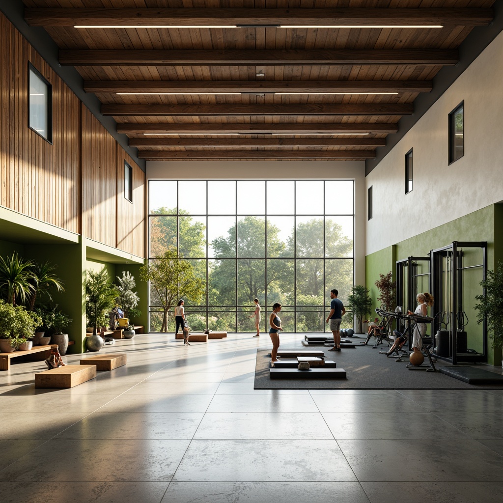 Prompt: Minimalist gymnasium interior, natural light pouring in, polished concrete floors, reclaimed wood accents, industrial metal beams, eco-friendly rubber flooring, energy-efficient LED lighting, green walls with living plants, modern minimalist equipment, sleek steel frames, recycled plastic furniture, calm color palette, abundant natural ventilation, shallow depth of field, 1/1 composition, soft warm lighting, realistic textures, ambient occlusion.