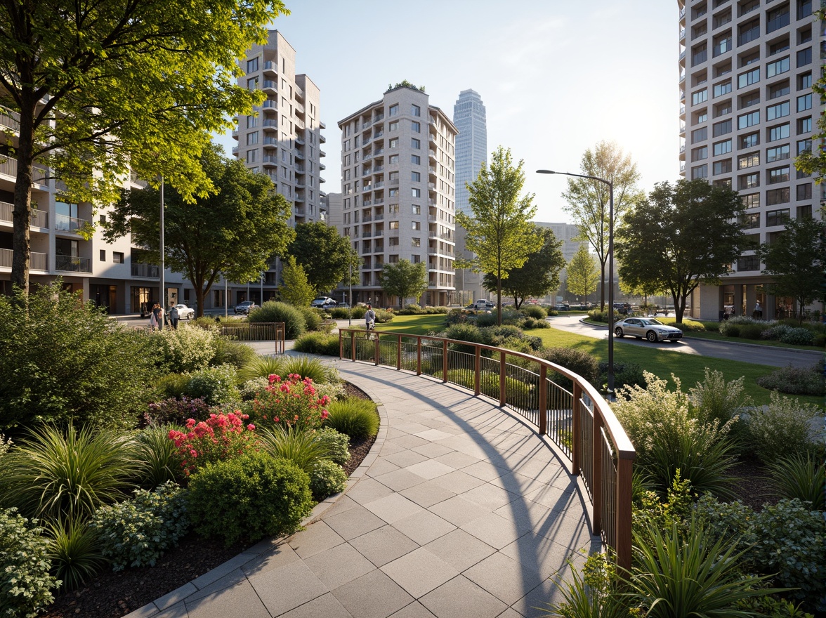 Prompt: Curved pedestrian bridge, lush greenery, vibrant flowers, natural stone walkways, wooden railings, modern architecture, sleek metal structures, glass floors, scenic city views, urban landscape integration, bustling streets, morning sunlight, soft warm lighting, shallow depth of field, 3/4 composition, panoramic view, realistic textures, ambient occlusion.