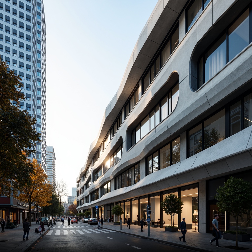 Prompt: Curved building facade, metallic materials, reflective glass surfaces, angular lines, minimalist design, modern streamline moderne architecture, futuristic aesthetic, high-tech gadgets, sleek LED lighting, dynamic shapes, aerodynamic forms, urban cityscape, busy streets, morning sunlight, soft warm glow, shallow depth of field, 3/4 composition, panoramic view, realistic textures, ambient occlusion.