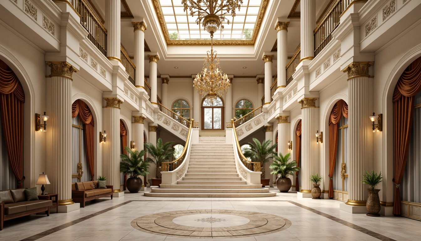 Prompt: Grandiose neoclassical facade, ornate stone carvings, Corinthian columns, symmetrical architecture, creamy white marble, polished bronze details, intricate moldings, lavish chandeliers, opulent furnishings, rich velvet drapes, gilded frames, crystal glass doors, stately grand staircase, majestic high ceilings, warm golden lighting, shallow depth of field, 1/1 composition, realistic textures, ambient occlusion.