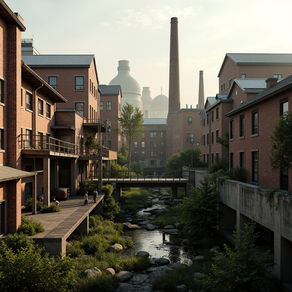 Prompt: Industrial factory complex, rustic brick buildings, corrugated metal roofs, worn concrete walls, vintage machinery, abandoned chimneys, overgrown vegetation, wildflowers, meandering streams, misty atmosphere, soft warm lighting, shallow depth of field, 3/4 composition, panoramic view, realistic textures, ambient occlusion, regionalism-inspired architecture, modern industrial design, functional spaces, exposed ductwork, metal catwalks, reclaimed wood accents, earthy color palette, natural stone pathways, weathered steel bridges.