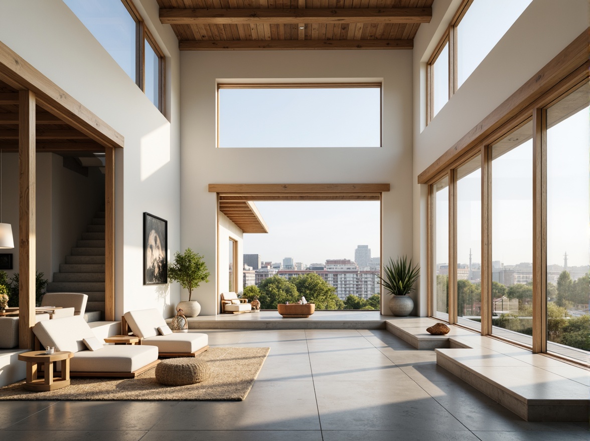 Prompt: Minimalist home, large windows, sliding glass doors, white walls, polished concrete floors, open floor plan, high ceilings, clerestory windows, skylights, natural stone accents, wooden beams, industrial chic decor, urban landscape views, cityscape backdrop, sunny day, soft warm lighting, shallow depth of field, 3/4 composition, panoramic view, realistic textures, ambient occlusion.