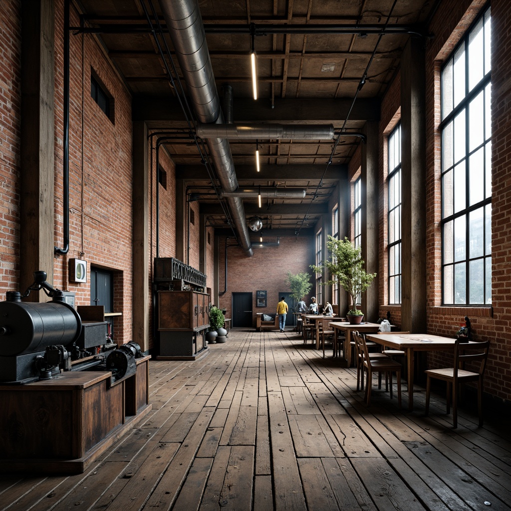 Prompt: Industrial factory setting, exposed brick walls, metal beams, worn wooden floors, vintage machinery, distressed textures, earthy tones, muted colors, rusty reds, weathered blues, faded yellows, industrial greys, urban atmosphere, gritty realism, high contrast lighting, dramatic shadows, cinematic composition, 1/2 camera angle, realistic renderings, ambient occlusion.