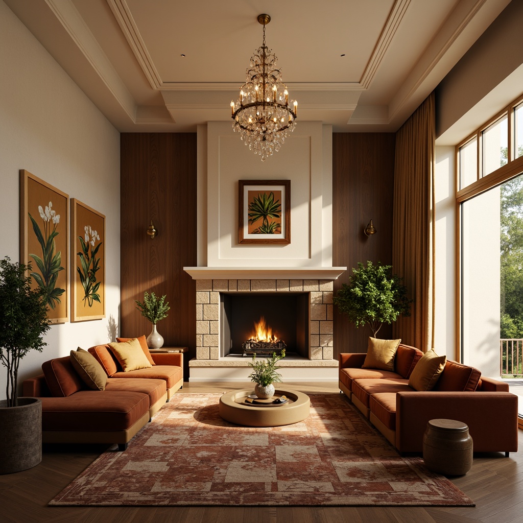 Prompt: Cozy living room, warm beige walls, rich walnut wood furniture, plush velvet sofas, soft golden lighting, natural stone fireplace, earthy terracotta accents, calming botanical prints, creamy white trim, elegant crystal chandeliers, inviting atmosphere, 1/1 composition, shallow depth of field, realistic textures, ambient occlusion.