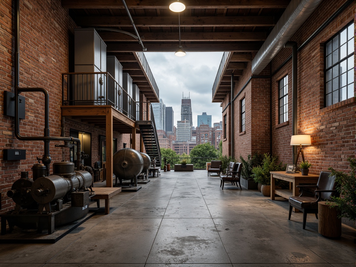 Prompt: Rustic industrial warehouse, exposed brick walls, metal beams, reclaimed wood accents, vintage machinery, distressed concrete floors, urban cityscape, cloudy grey sky, dramatic warm lighting, shallow depth of field, 1/1 composition, realistic textures, ambient occlusion, functional pipes, industrial-style lamps, metallic staircases, minimalist decor, modern urban living, converted loft spaces.