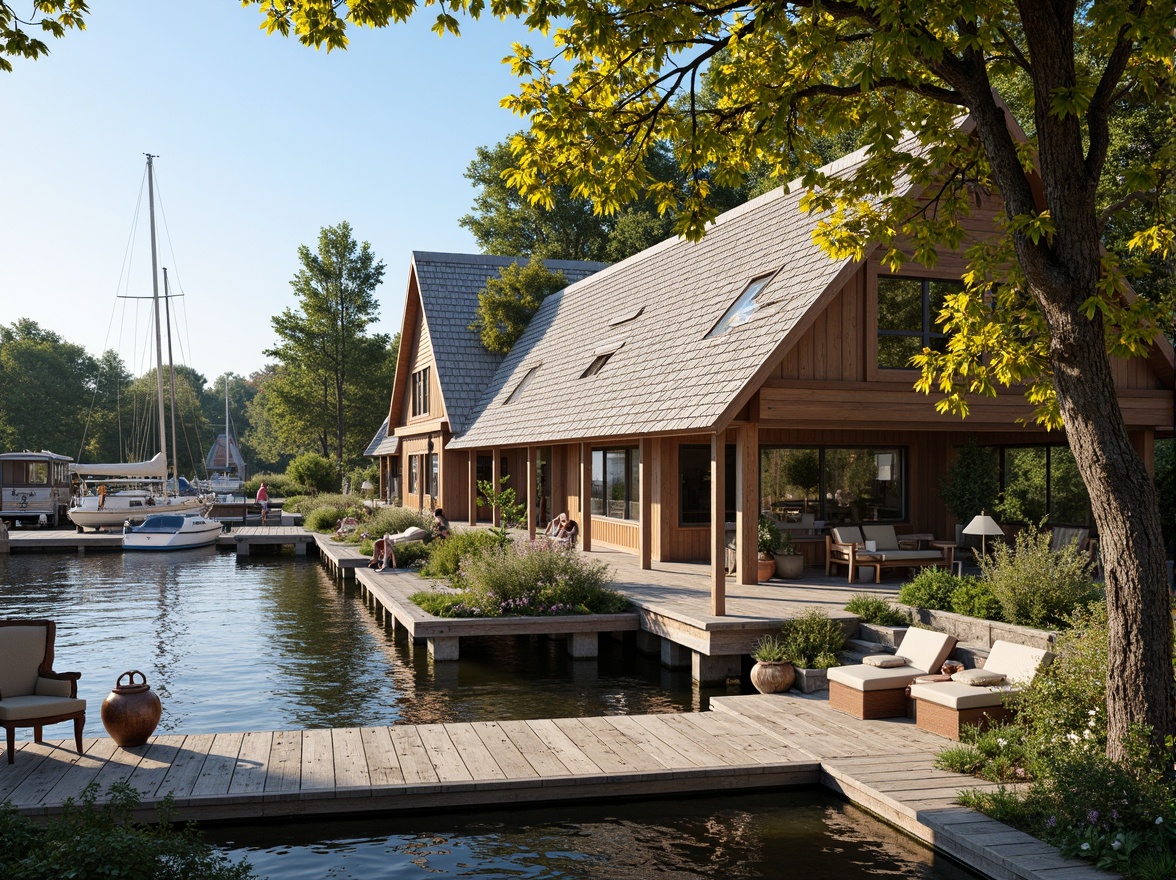 Prompt: Waterfront location, serene lake views, wooden dock, sailboats, classic boathouse architecture, rustic wooden facades, ornate metal decorations, vintage nautical elements, distressed wood textures, earthy color palette, natural stone foundations, lush greenery, overhanging trees, warm sunny day, soft diffused lighting, shallow depth of field, 1/2 composition, realistic reflections, ambient occlusion.