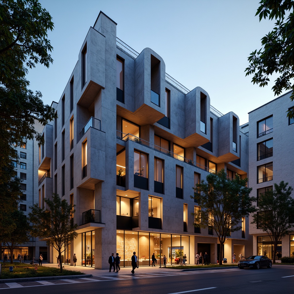 Prompt: Rhythmic concert house, brutalist architecture, raw concrete textures, angular lines, geometric shapes, industrial materials, metallic accents, dynamic lighting effects, urban cityscape, evening atmosphere, warm golden hour, shallow depth of field, 1/2 composition, symmetrical framing, high-contrast colors, abstract patterns, avant-garde design elements.