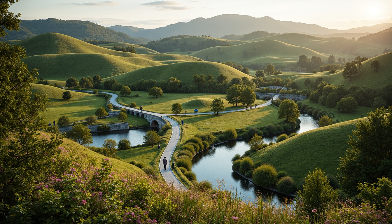 Prompt: Undulating hills, serpentine roads, winding water features, organic curvilinear forms, harmonious landscape integration, lush green vegetation, vibrant wildflowers, meandering pathways, rustic stone walls, wooden bridges, tranquil ponds, reflective surfaces, soft warm lighting, shallow depth of field, 1/1 composition, panoramic view, realistic textures, ambient occlusion.