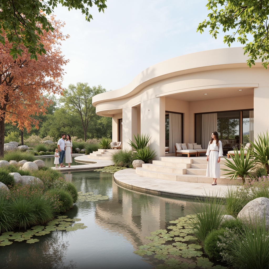 Prompt: Soft pastel hues, calming atmosphere, serene natural surroundings, gentle water features, lush greenery, vibrant flowers, elegant curves, minimalist design, modern architecture, large windows, glass doors, warm beige tones, creamy whites, soft peach accents, subtle texture overlays, ambient occlusion, shallow depth of field, 3/4 composition, panoramic view, realistic renderings.