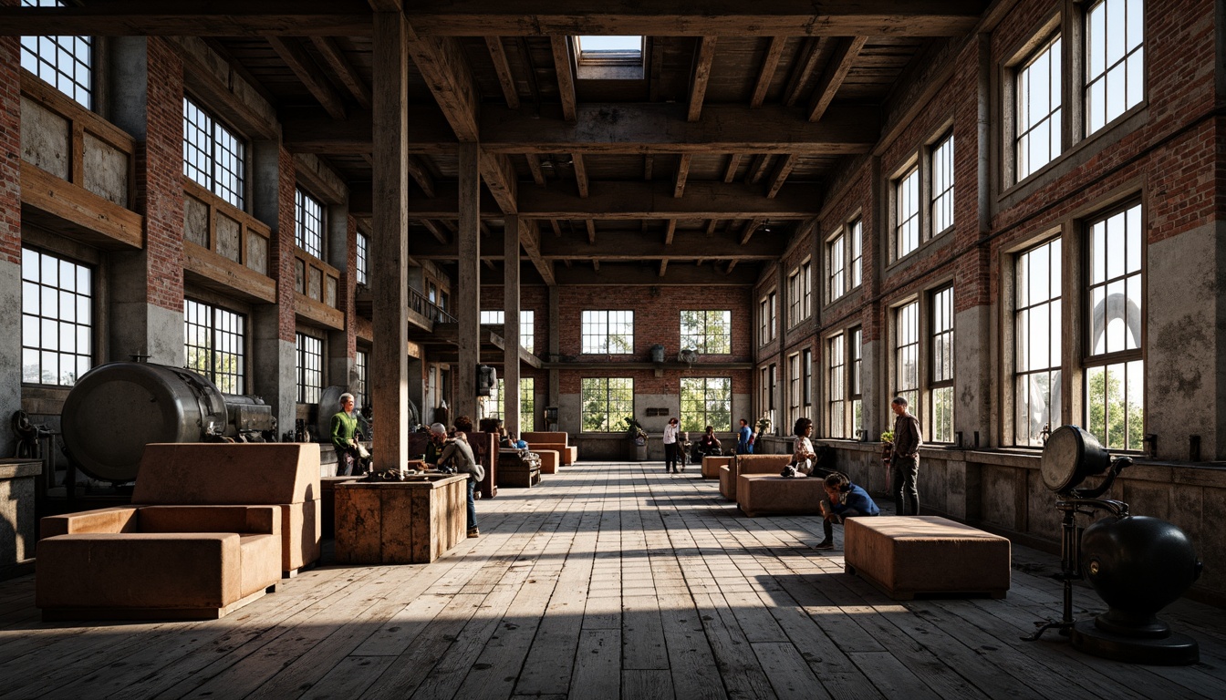 Prompt: Industrial factory setting, exposed brick walls, metal beams, worn wooden floors, vintage machinery, distressed textures, earthy tones, muted colors, rusty reds, weathered blues, faded yellows, industrial greys, urban atmosphere, gritty realism, high contrast lighting, dramatic shadows, cinematic composition, 1/2 camera angle, realistic renderings, ambient occlusion.