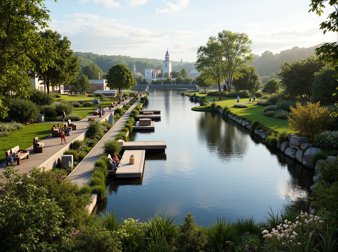 Prompt: Riverbank landscape, serene water flow, lush green vegetation, natural stone walls, wooden docks, sailboats, kayaks, paddleboards, scenic walking paths, benches, picnic areas, vibrant flowers, blooming trees, sunny day, soft warm lighting, shallow depth of field, 3/4 composition, panoramic view, realistic textures, ambient occlusion, gentle river breeze, misty atmosphere, rustic wooden bridges, meandering river streams, tranquil water reflections.