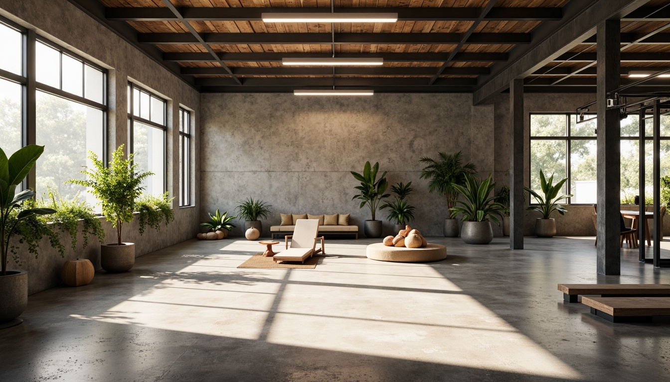 Prompt: Minimalist gymnasium interior, natural light pouring in, polished concrete floors, reclaimed wood accents, industrial metal beams, eco-friendly rubber flooring, energy-efficient LED lighting, green walls with living plants, modern minimalist equipment, sleek steel frames, recycled plastic furniture, calm color palette, abundant natural ventilation, shallow depth of field, 1/1 composition, soft warm lighting, realistic textures, ambient occlusion.