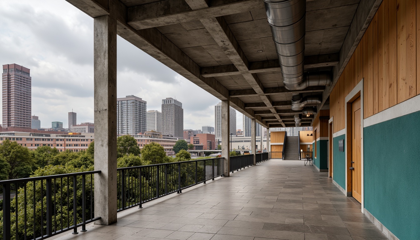 Prompt: Rough-hewn concrete walls, exposed ductwork, industrial metal beams, polished wooden accents, bold color blocking, natural stone flooring, brutalist architecture, middle school setting, educational murals, urban landscape views, overcast skies, dramatic shadows, high-contrast lighting, 1/1 composition, symmetrical framing, gritty textures, ambient occlusion.