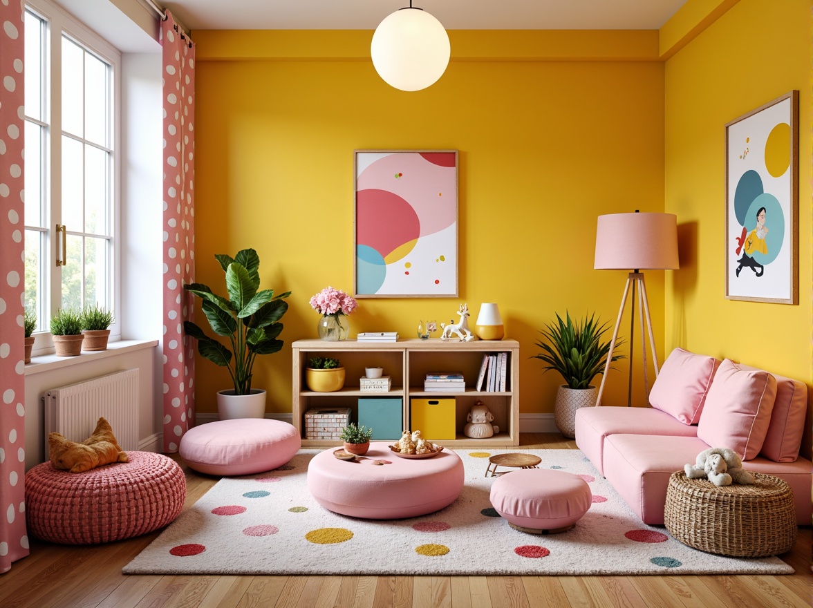 Prompt: Vibrant playroom, whimsical color accents, bold polka dots, bright yellow walls, soft pink furniture, playful geometric patterns, textured carpets, natural wood floors, modern minimalist decor, cozy reading nooks, oversized pillows, fun abstract artwork, eclectic decorative objects, warm task lighting, shallow depth of field, 1/1 composition, realistic textures, ambient occlusion.