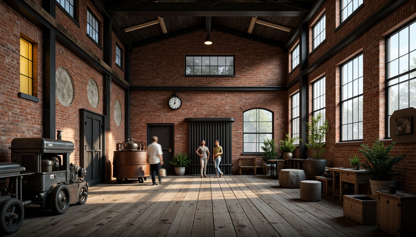 Prompt: Industrial factory setting, exposed brick walls, metal beams, worn wooden floors, vintage machinery, distressed textures, earthy tones, muted colors, rusty reds, weathered blues, faded yellows, industrial greys, urban atmosphere, gritty realism, high contrast lighting, dramatic shadows, cinematic composition, 1/2 camera angle, realistic renderings, ambient occlusion.