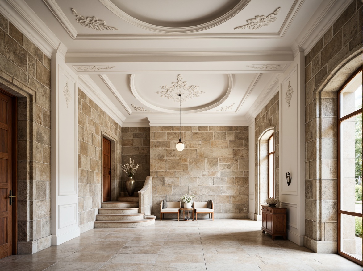 Prompt: Ornate plaster ceilings, decorative moldings, smooth white finishes, textured surfaces, rustic stone walls, classical architectural details, grand entrance halls, sweeping staircases, luxurious interior design, soft warm lighting, shallow depth of field, 3/4 composition, realistic textures, ambient occlusion.