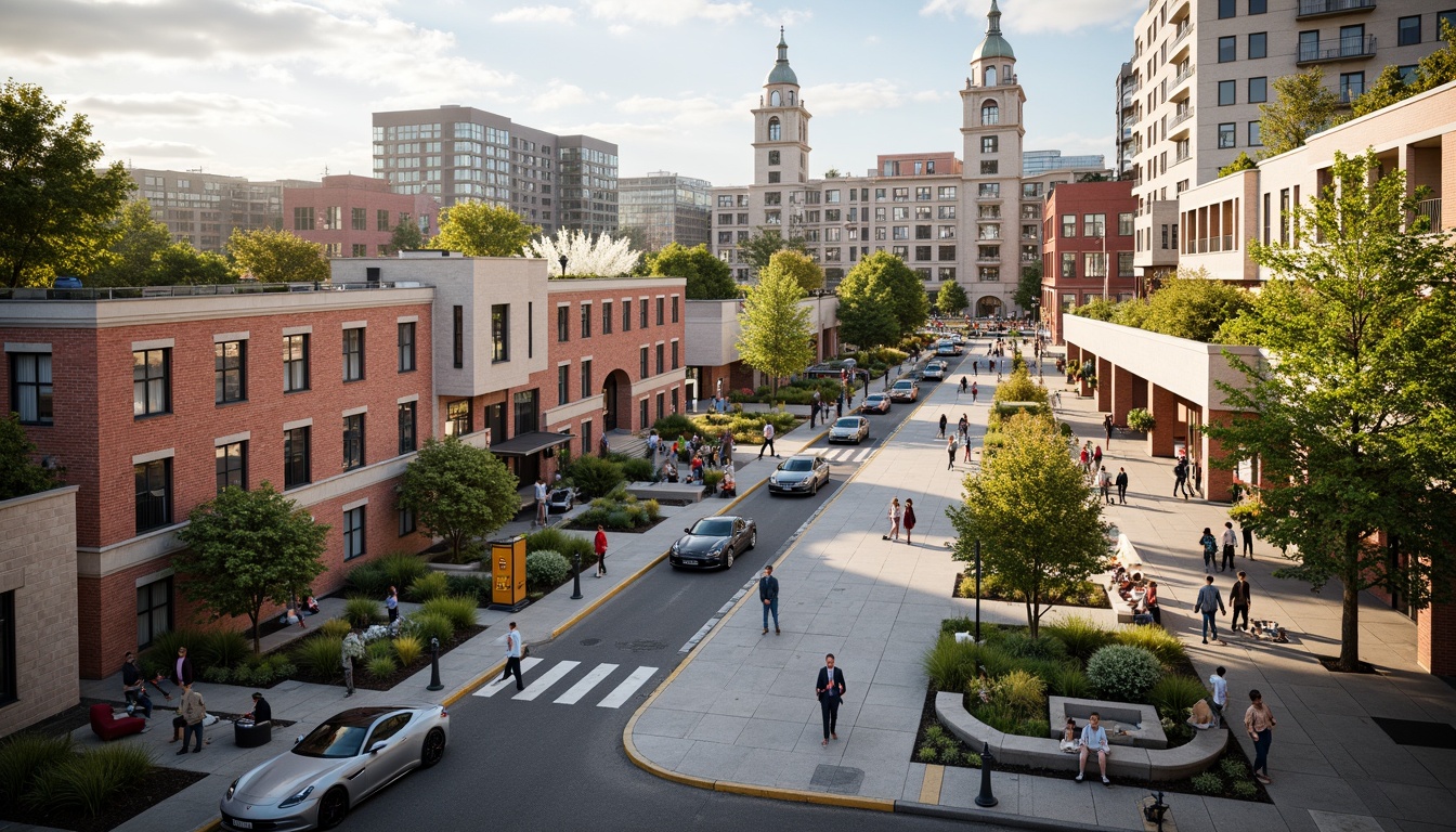 Prompt: Vibrant cityscape, mixed-use development, pedestrian-friendly streets, green roofs, community gardens, public art installations, eclectic street furniture, diverse cultural activities, bustling street markets, adaptive reuse of historic buildings, modern amenities, sustainable urban planning, walkable neighborhoods, bike-share systems, accessible public transportation, inclusive zoning regulations, dynamic street lighting, 1/1 composition, shallow depth of field, warm color palette.