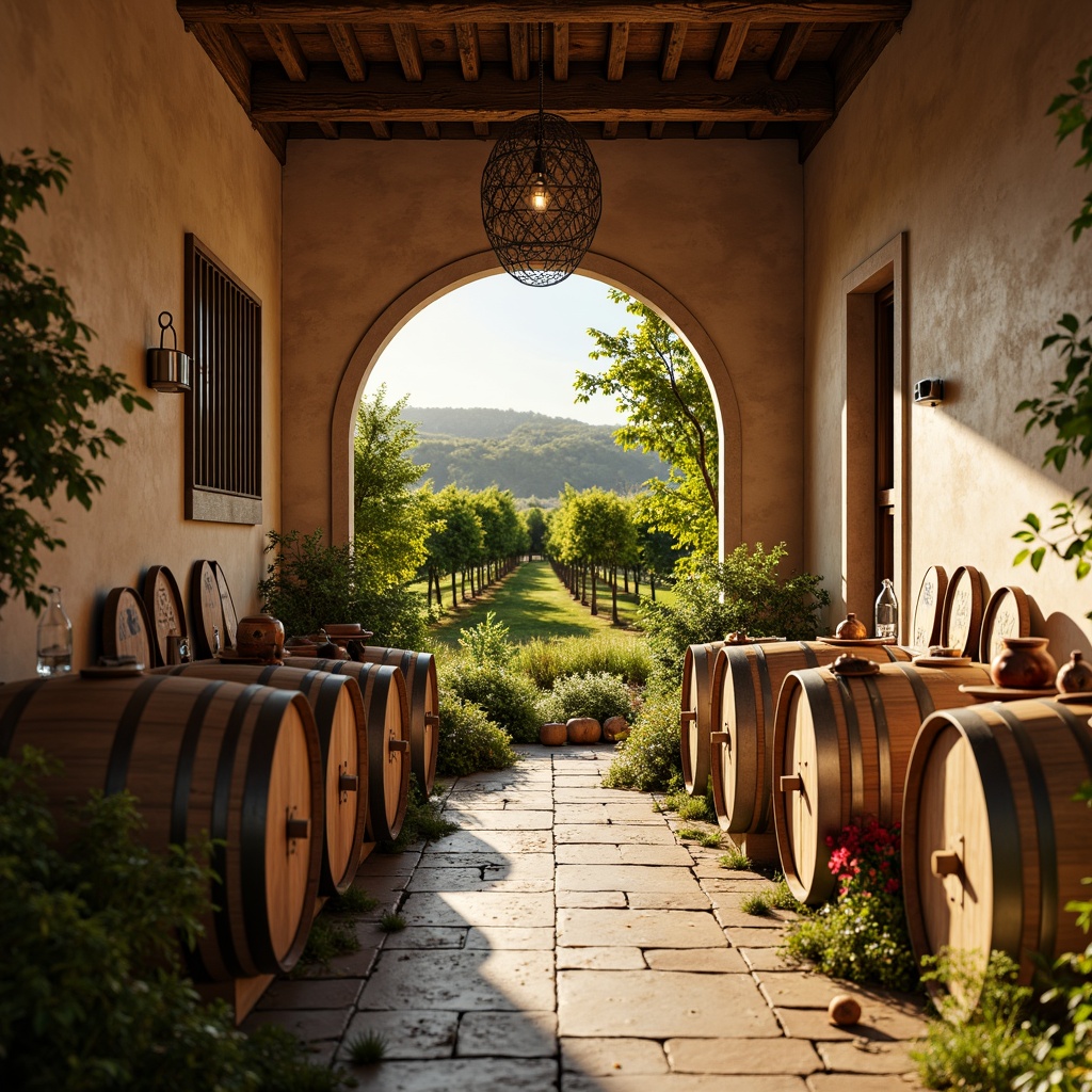 Prompt: Rustic winery, earthy tones, warm beige walls, rich wood accents, vintage metal decor, lush green vineyards, sunny afternoon, soft golden lighting, shallow depth of field, 1/1 composition, realistic textures, ambient occlusion, natural stone pathways, wooden barrels, wine cellar atmosphere, elegant typography, sophisticated branding, earthy reds, muted greens, weathered wood, distressed finishes.