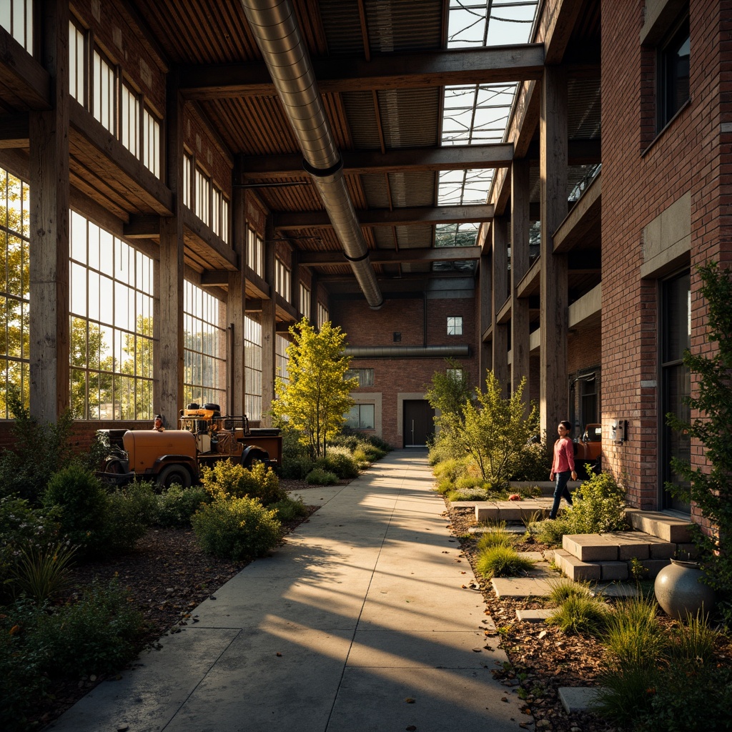 Prompt: Rustic industrial landscape, abandoned factories, distressed brick walls, corrugated metal roofs, worn wooden beams, vintage machinery, urban decay, overgrown vegetation, gritty urban atmosphere, warm golden lighting, shallow depth of field, 1/2 composition, cinematic view, realistic textures, ambient occlusion, nostalgic mood, retro-futuristic elements, exposed ductwork, concrete floors, steel columns, reclaimed wood accents, industrial chic aesthetic.