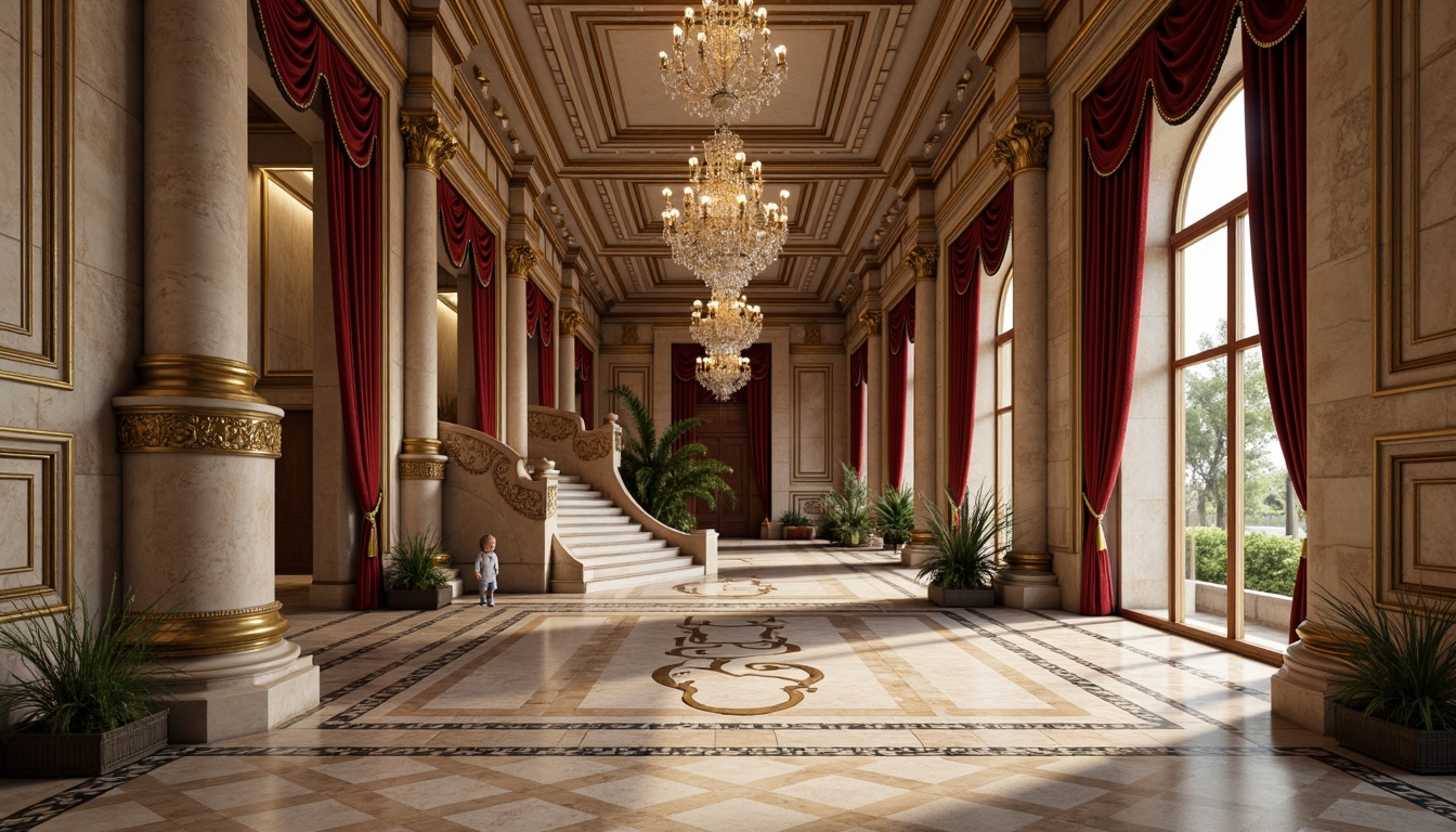 Prompt: Grandiose columns, ornate carvings, marble floors, limestone walls, wooden paneling, gilded details, crystal chandeliers, velvet drapes, intricate moldings, symmetrical facades, rusticated bases, Tuscan orders, Corinthian capitals, Roman arches, grand staircases, sweeping curves, soft warm lighting, shallow depth of field, 1/1 composition, realistic textures, ambient occlusion.