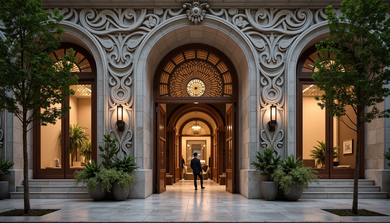 Prompt: Intricate bank facade, ornate stone carvings, flowing organic lines, curved wooden doors, stained glass windows, grand entrance hall, marble floors, polished bronze fixtures, natural stone walls, lush greenery, potted plants, warm ambient lighting, soft focus, shallow depth of field, 1/2 composition, realistic textures, ambient occlusion.