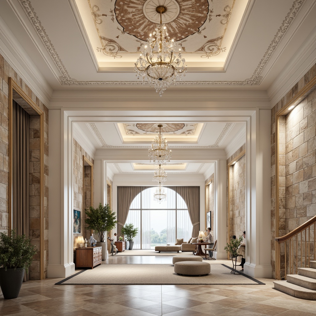 Prompt: Ornate plaster ceilings, decorative moldings, smooth white finishes, textured walls, rustic stone effects, Venetian plaster techniques, luxurious interior designs, grand entrance halls, sweeping staircases, elegant chandeliers, soft warm lighting, shallow depth of field, 3/4 composition, realistic textures, ambient occlusion.