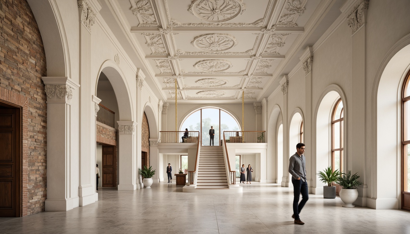 Prompt: Ornate plaster ceilings, decorative moldings, smooth white finishes, textured surfaces, rustic stone walls, classical architectural details, grand entrance halls, sweeping staircases, luxurious interior design, soft warm lighting, shallow depth of field, 3/4 composition, realistic textures, ambient occlusion.