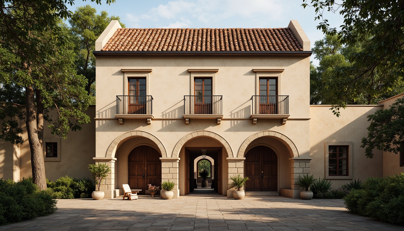 Prompt: Rustic monastery facade, stone walls, arched windows, ornate carvings, wooden doors, terracotta roof tiles, earthy color palette, natural stone textures, intricate stonework patterns, serene courtyard, lush greenery, peaceful ambiance, warm soft lighting, shallow depth of field, 1/2 composition, realistic render, ambient occlusion, subtle weathering effects.