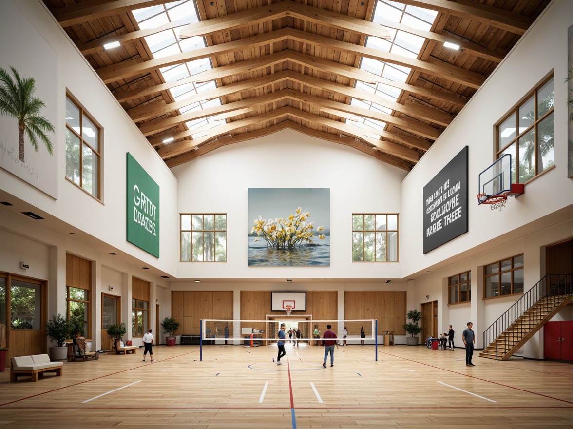 Prompt: Spacious gymnasium interior, high ceilings, clerestory windows, natural light pouring in, wooden flooring, sports equipment, basketball hoops, volleyball nets, athletic tracks, motivational quotes, modern architecture, minimalist design, bright color scheme, soft warm lighting, shallow depth of field, 3/4 composition, panoramic view, realistic textures, ambient occlusion.