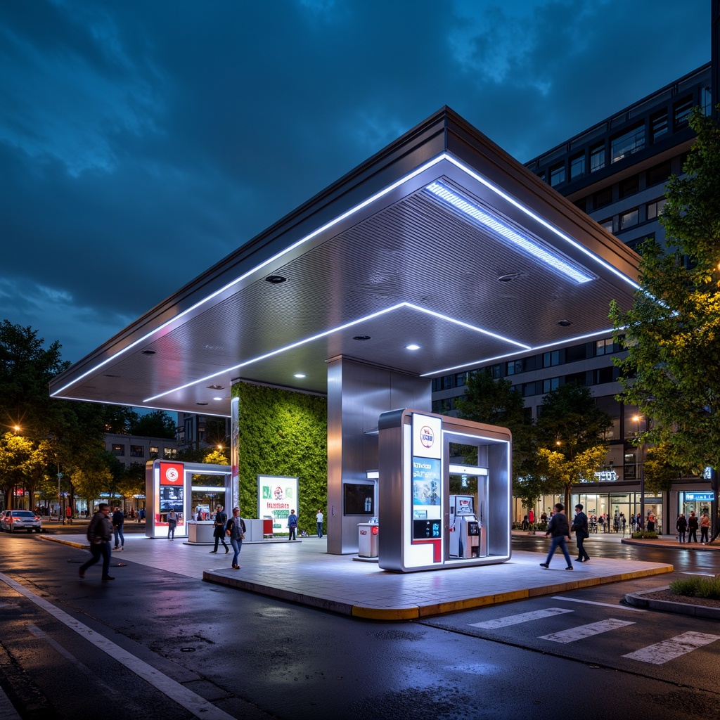 Prompt: Futuristic gas station, sleek metal facade, neon LED lights, angular lines, minimalist design, high-tech equipment, digital displays, touchless payment systems, modern fuel pumps, stainless steel canopies, cantilevered roofs, green walls, living trees, urban landscape, busy streets, vibrant city lights, shallow depth of field, 1/1 composition, realistic textures, ambient occlusion.