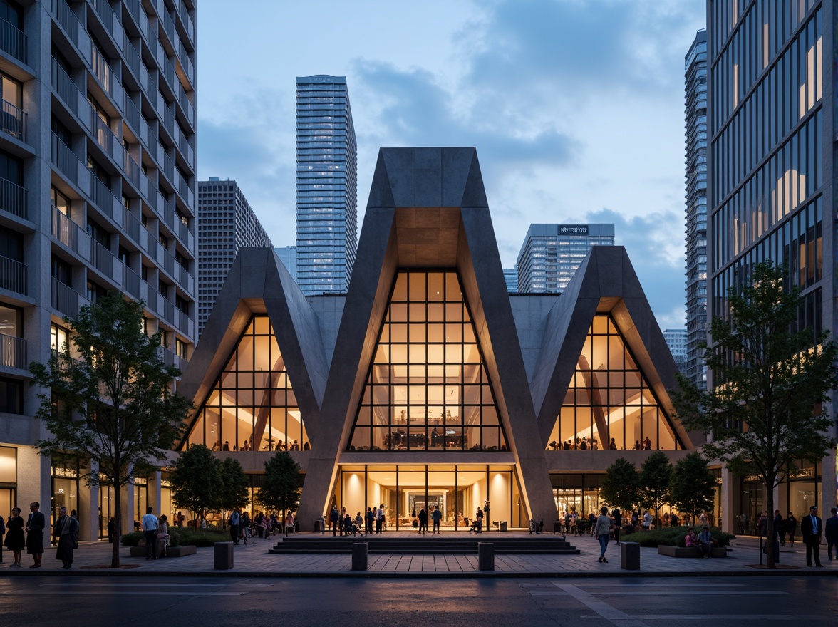 Prompt: Grand concert house, structuralist architecture, bold geometric forms, cantilevered volumes, brutalist concrete textures, rhythmic window patterns, dynamic angular lines, futuristic LED lighting, urban cityscape, evening atmosphere, warm golden hour, shallow depth of field, 1/1 composition, symmetrical framing, high-contrast dramatic shadows, realistic material reflections.