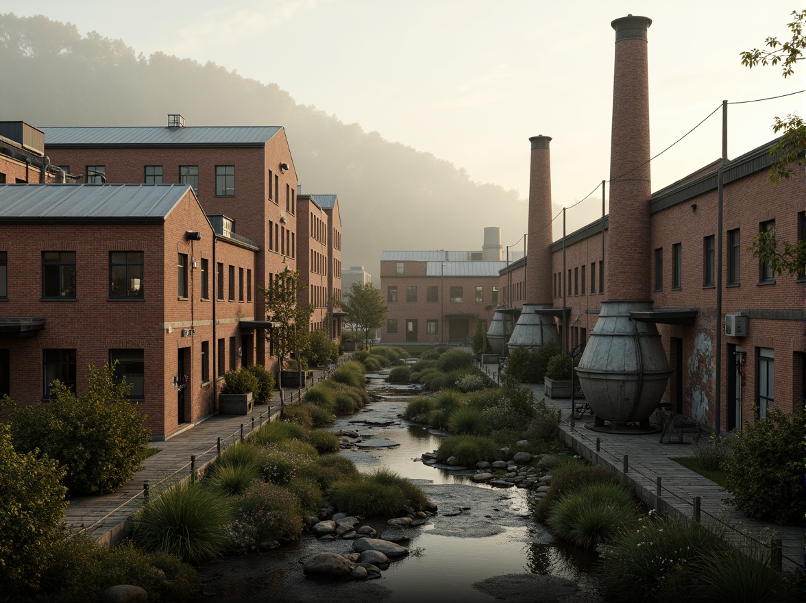 Prompt: Industrial factory complex, rustic brick buildings, corrugated metal roofs, worn concrete walls, vintage machinery, abandoned chimneys, overgrown vegetation, wildflowers, meandering streams, misty atmosphere, soft warm lighting, shallow depth of field, 3/4 composition, panoramic view, realistic textures, ambient occlusion, regionalist architectural style, functional simplicity, earthy color palette, distressed finishes, reclaimed wood accents, metal cladding, industrial heritage, nostalgic ambiance.