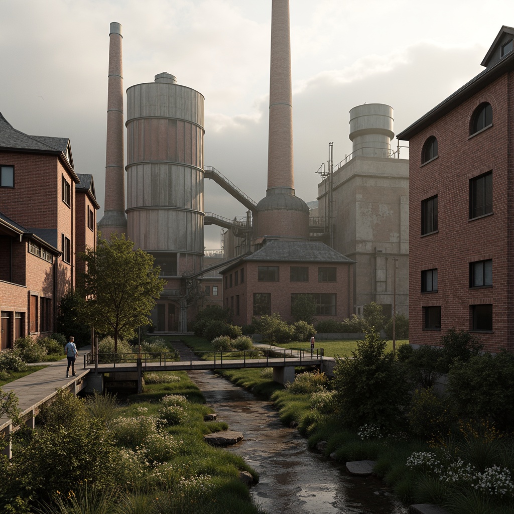 Prompt: Industrial factory complex, rustic brick buildings, corrugated metal roofs, worn concrete walls, vintage machinery, abandoned chimneys, overgrown vegetation, wildflowers, meandering streams, misty atmosphere, soft warm lighting, shallow depth of field, 3/4 composition, panoramic view, realistic textures, ambient occlusion, regionalism-inspired architecture, modern industrial design, functional spaces, exposed ductwork, metal catwalks, reclaimed wood accents, earthy color palette, natural stone pathways, weathered steel bridges.