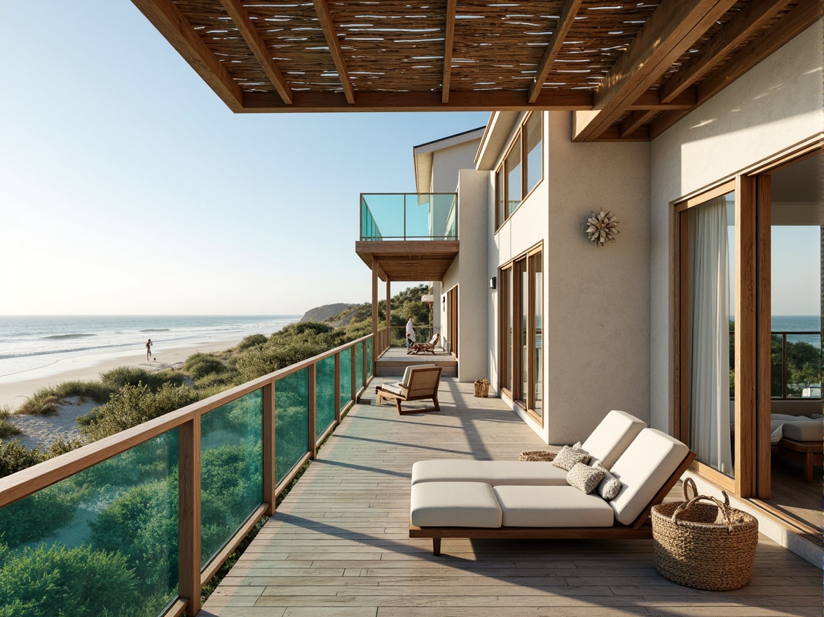 Prompt: Seaside villa, oceanfront views, sandy beaches, driftwood accents, nautical ropes, weathered wooden decks, coral-inspired patterns, turquoise glass railings, sea-salt air, misty mornings, warm sunlight, shallow depth of field, 1/1 composition, symmetrical architecture, modern coastal style, large windows, sliding glass doors, beachy textures, ambient occlusion.