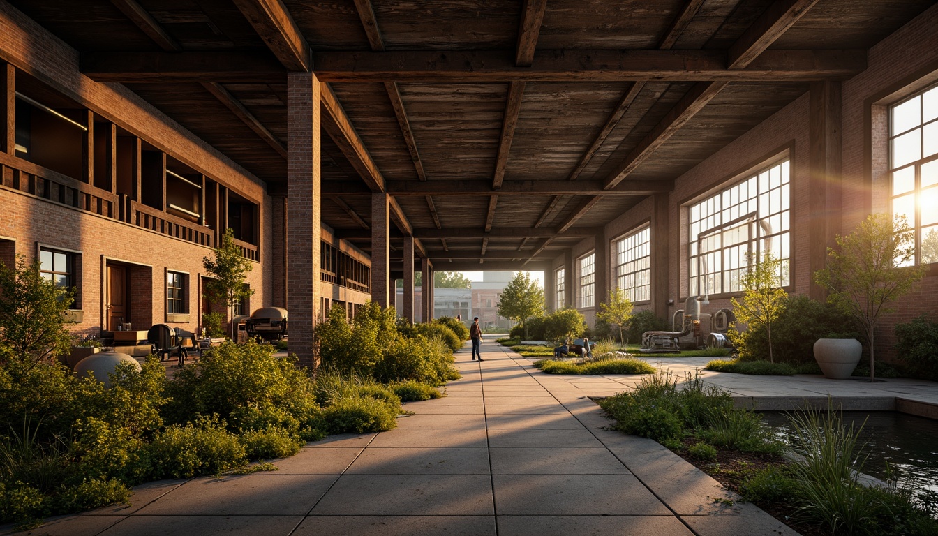 Prompt: Rustic industrial landscape, abandoned factories, distressed brick walls, corrugated metal roofs, worn wooden beams, vintage machinery, urban decay, overgrown vegetation, gritty urban atmosphere, warm golden lighting, shallow depth of field, 1/2 composition, cinematic view, realistic textures, ambient occlusion, nostalgic mood, retro-futuristic elements, exposed ductwork, concrete floors, steel columns, reclaimed wood accents, industrial chic aesthetic.