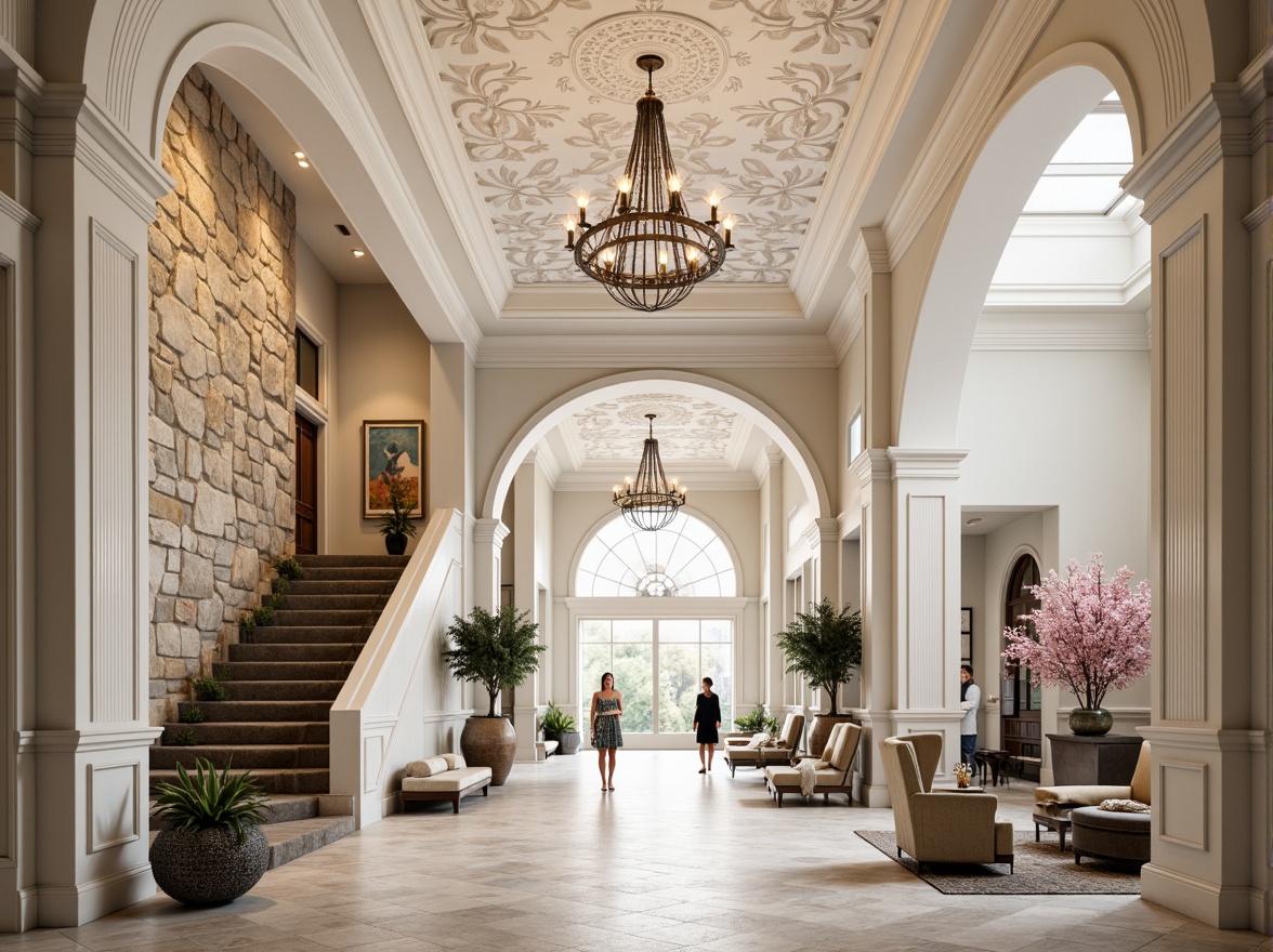 Prompt: Ornate plaster ceilings, decorative moldings, smooth white finishes, textured walls, rustic stone effects, Venetian plaster techniques, luxurious interior designs, grand entrance halls, sweeping staircases, elegant chandeliers, soft warm lighting, shallow depth of field, 3/4 composition, realistic textures, ambient occlusion.