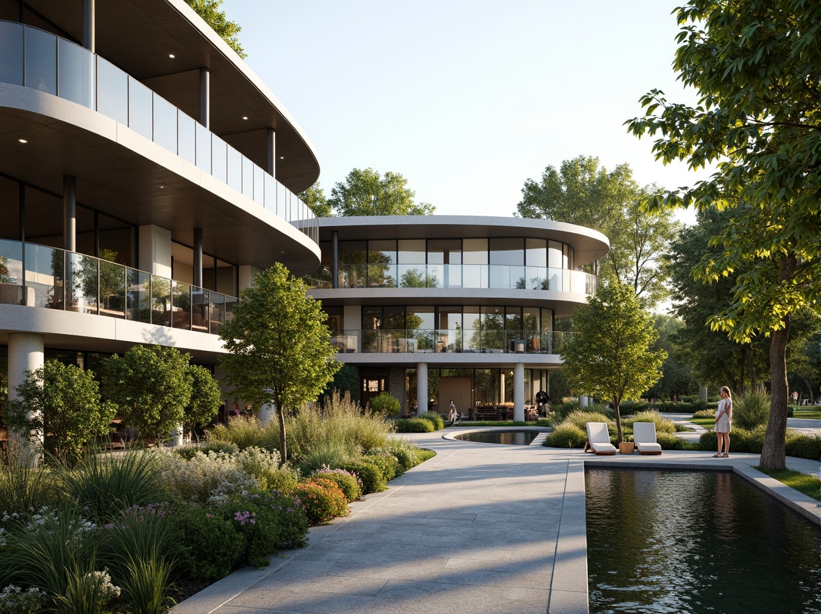 Prompt: Sleek modern architecture, curved lines, reflective glass surfaces, minimalist design, lush greenery, serene water features, gentle streams, natural stone walkways, vibrant flowers, blooming trees, sunny day, soft warm lighting, shallow depth of field, 3/4 composition, panoramic view, realistic textures, ambient occlusion.